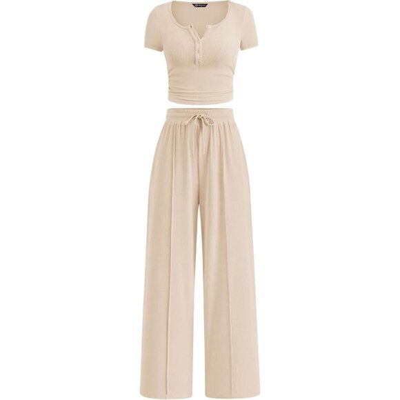 Women 2 Piece Summer Outfits Knit Top Wide Leg Pants Casual Vacation